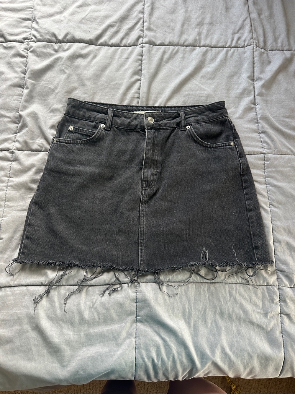 Topshop Black Distressed Raw-Hem Denim Mini Skirt